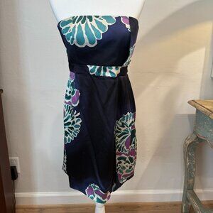 TIBI Anthropologie Silk Strapless Blue Teal Purple Floral Dress Size 10